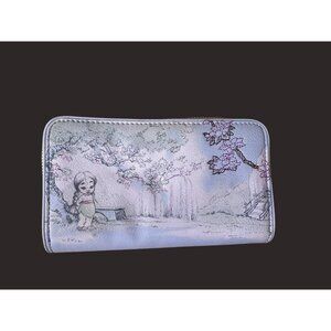 Disney Store Pale Blue Wallet ‎ Mulan & Cherry Blossom Art Zip Closure no strap